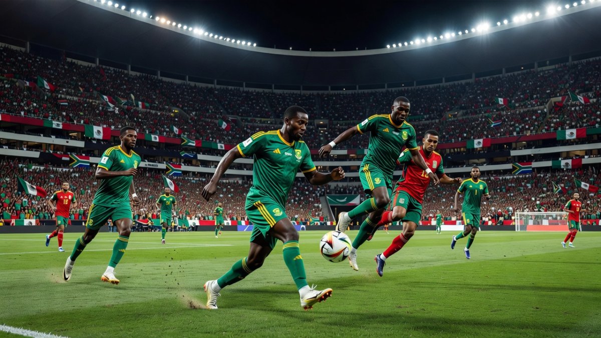 Bafana Bafana in action at the 2026 FIFA World Cup wearing green and gold