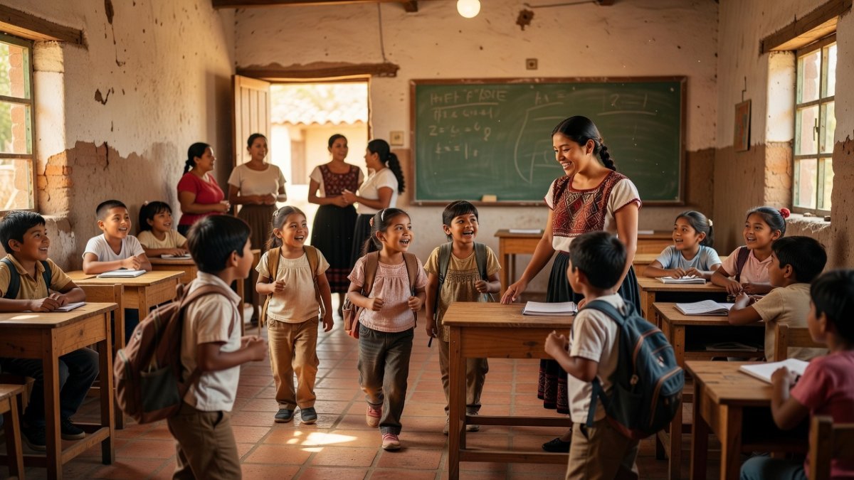 Oaxaca school classroom with students and teachers returning after the CNTE protest