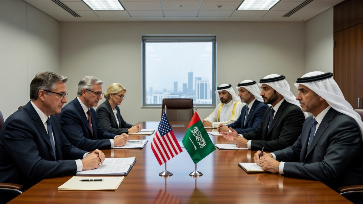 Diplomatic negotiations table with US and Middle Eastern representatives