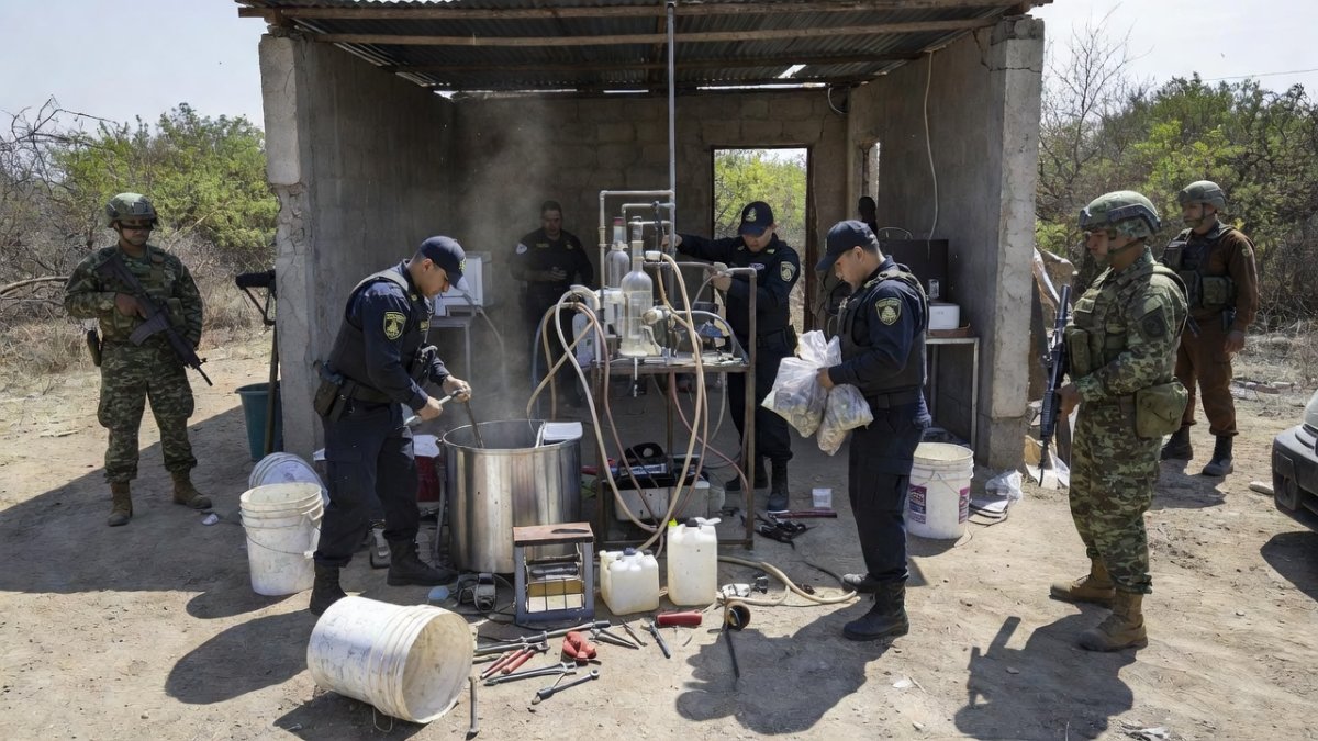 Mexican federal forces at a dismantled clandestine drug laboratory