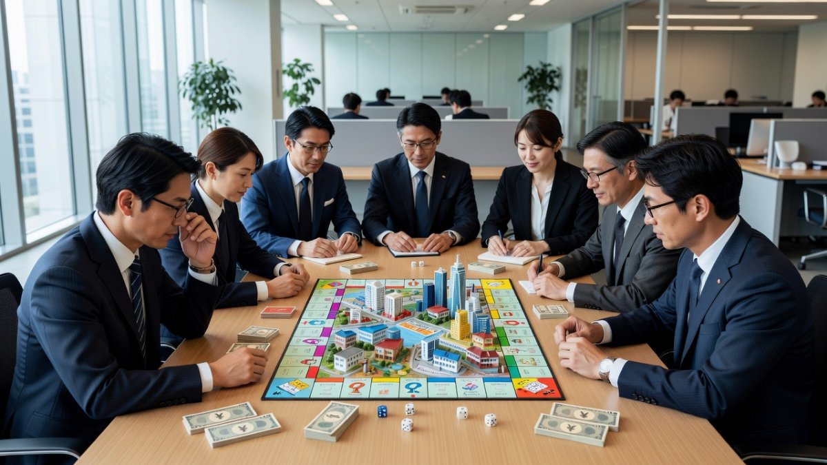 Japanese corporate training session using real-estate card game for skills assessment