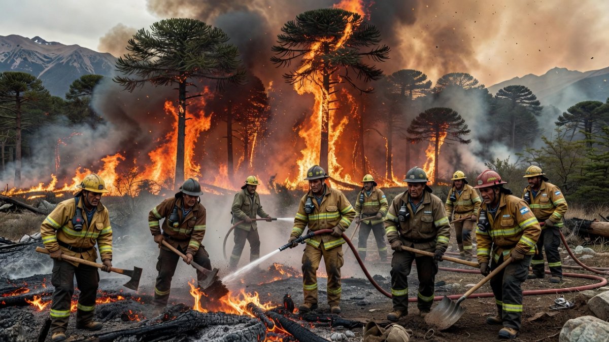 Brigadistas and firefighters battling wildfires in Chubut province, Patagonia