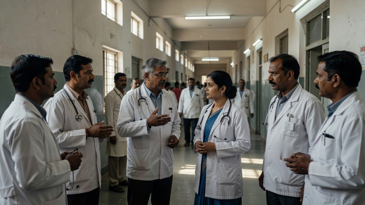Indian government doctors in hospital setting representing the in-service medical professionals affected by the NEET-SS qualifying percentile ruling