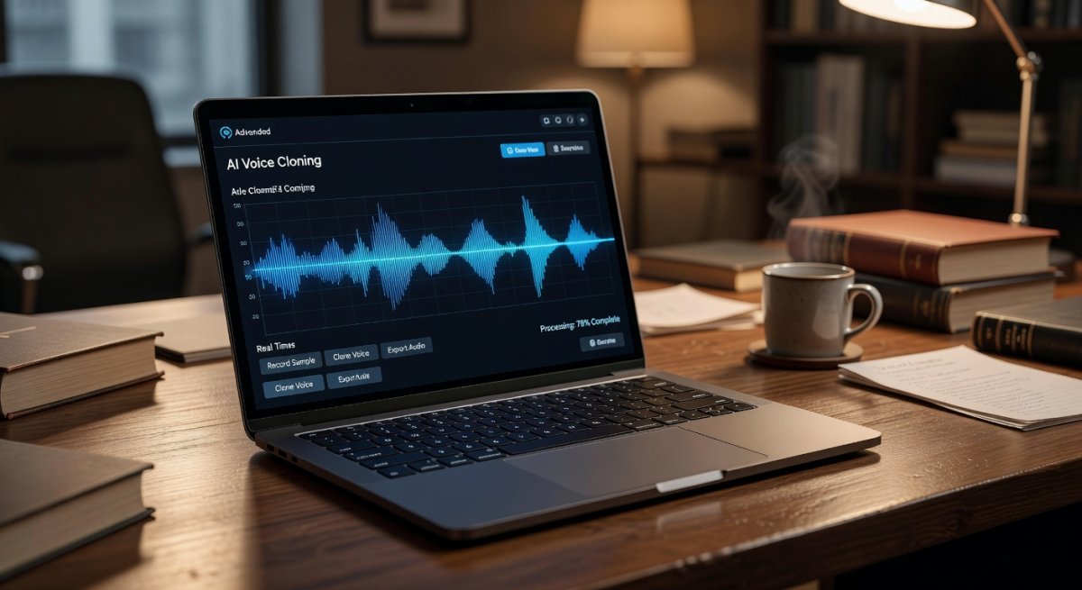 Photojournalism-style image of an AI voice interface on a modern laptop