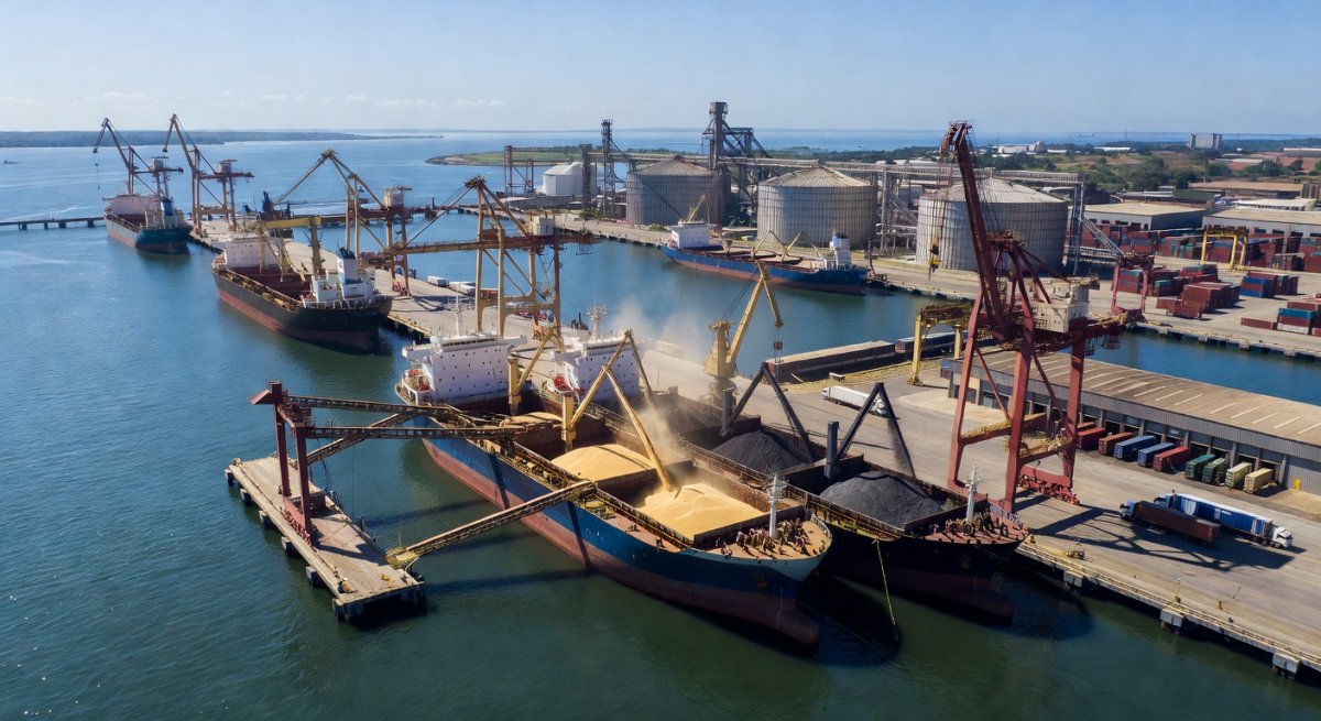 Aerial view of a Chinese-built port facility in Brazil with cargo ships loading soybeans and iron ore