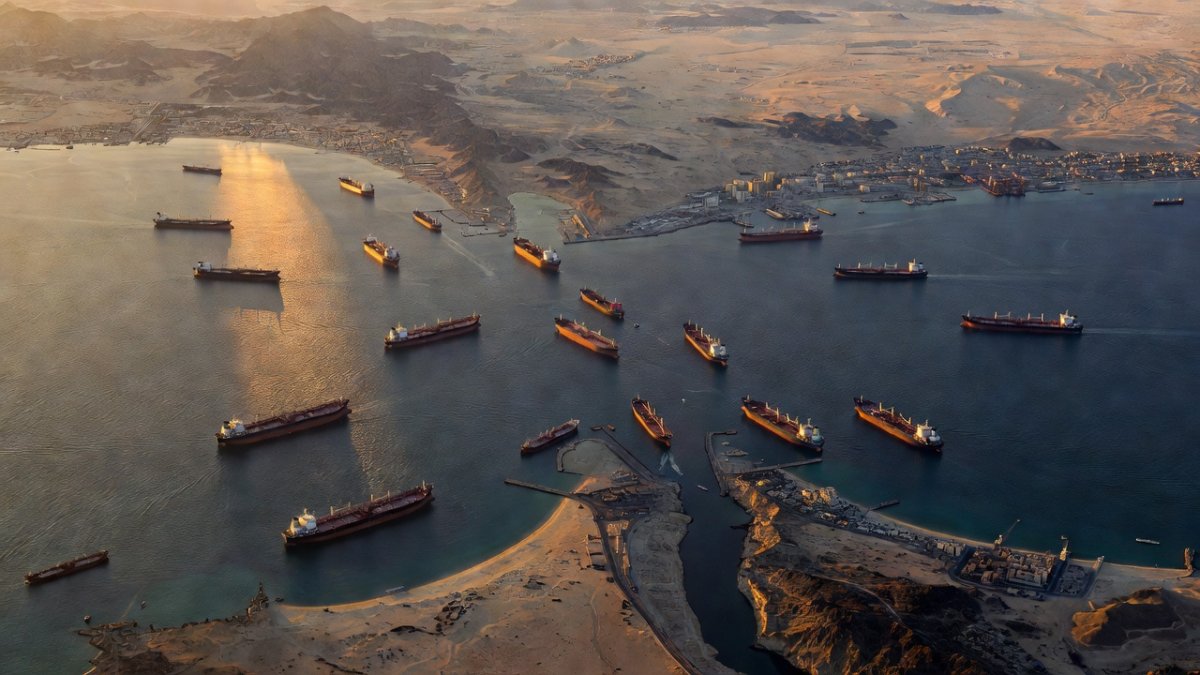 Satellite view of the Strait of Hormuz, a critical oil shipping chokepoint