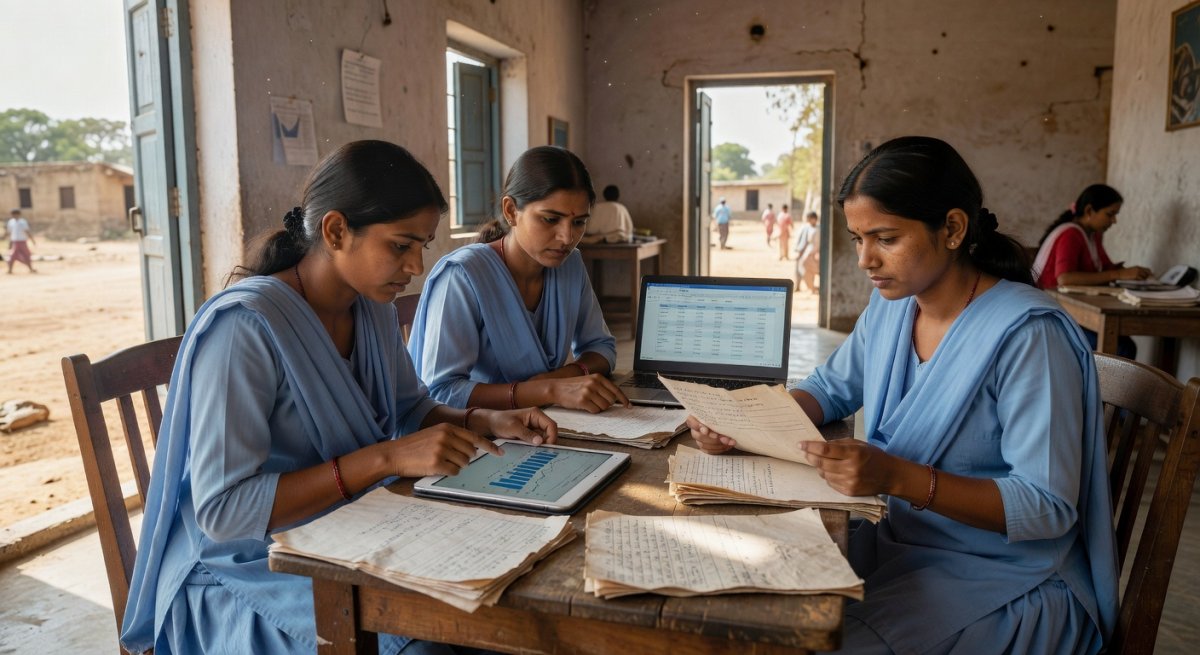 Community health workers reviewing health data at a primary health centre in rural India
