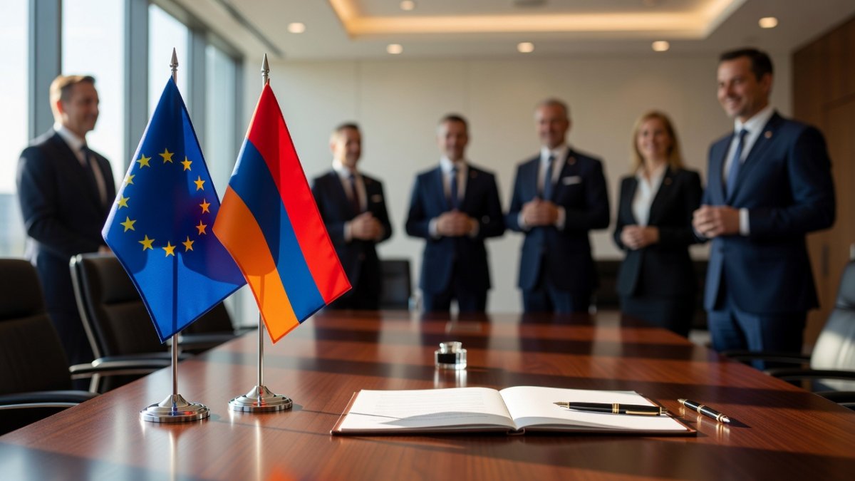 EU and Armenia flags in diplomatic setting