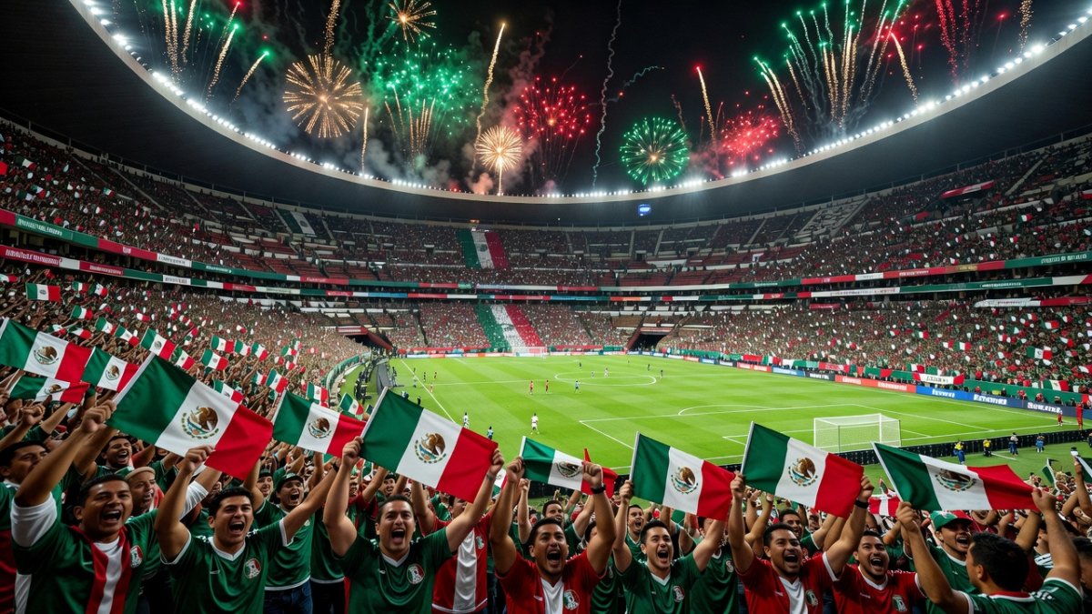 Mexican fans celebrate at Estadio Azteca during the 2026 World Cup opening match