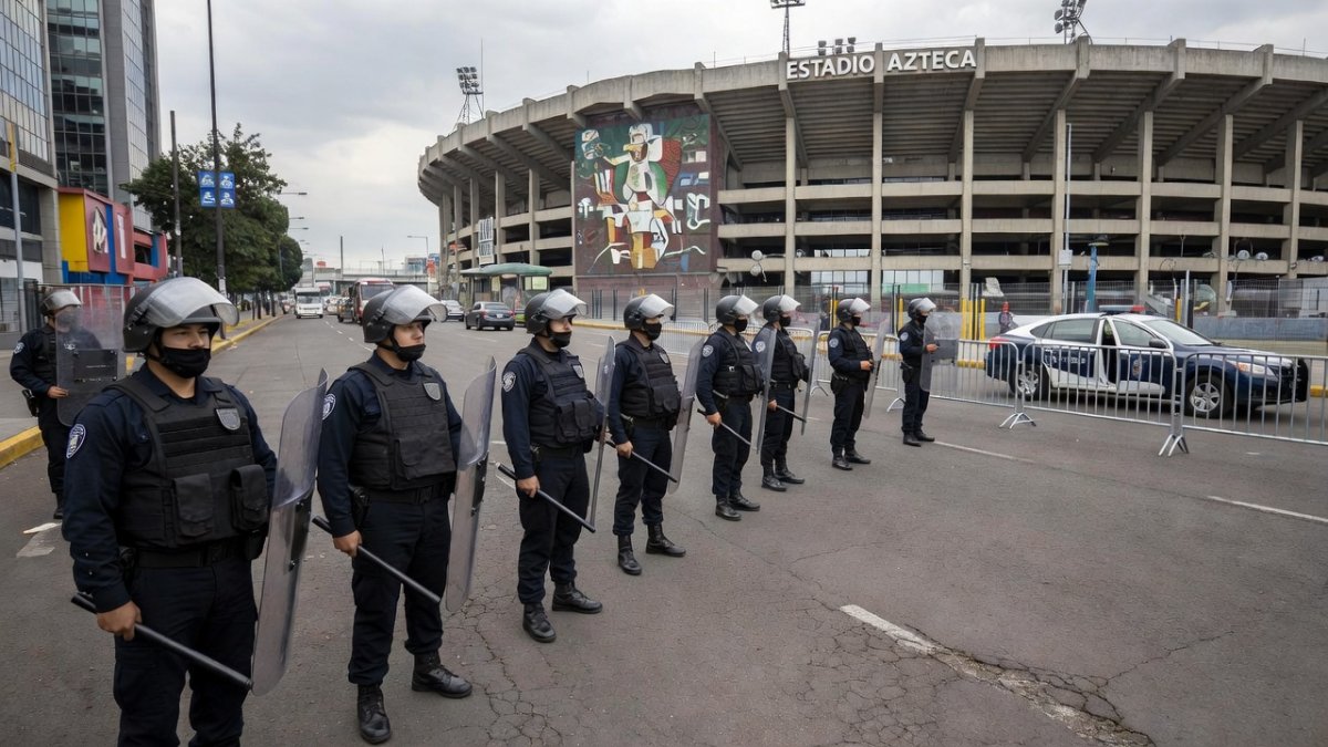 Security officers near Periférico Ring Road with stadium in background