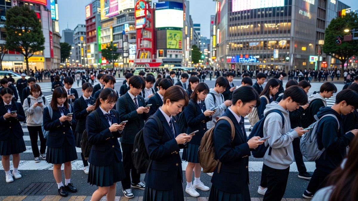 Teenagers using smartphones at Shibuya crossing in Tokyo
