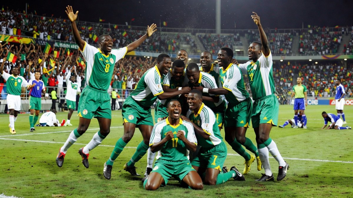 Senegal's 2002 World Cup squad celebrating their historic victory over France