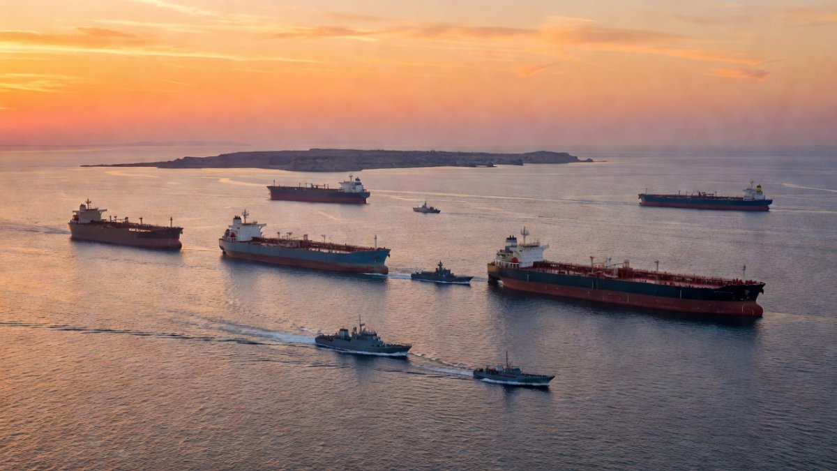 Aerial view of the Strait of Hormuz with oil tankers and military vessels near Kharg Island
