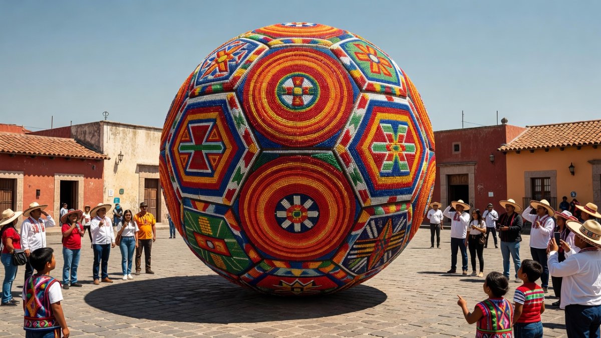 Wixárika Huichol bead art soccer ball more than 3 meters high decorated with thousands of colorful beads