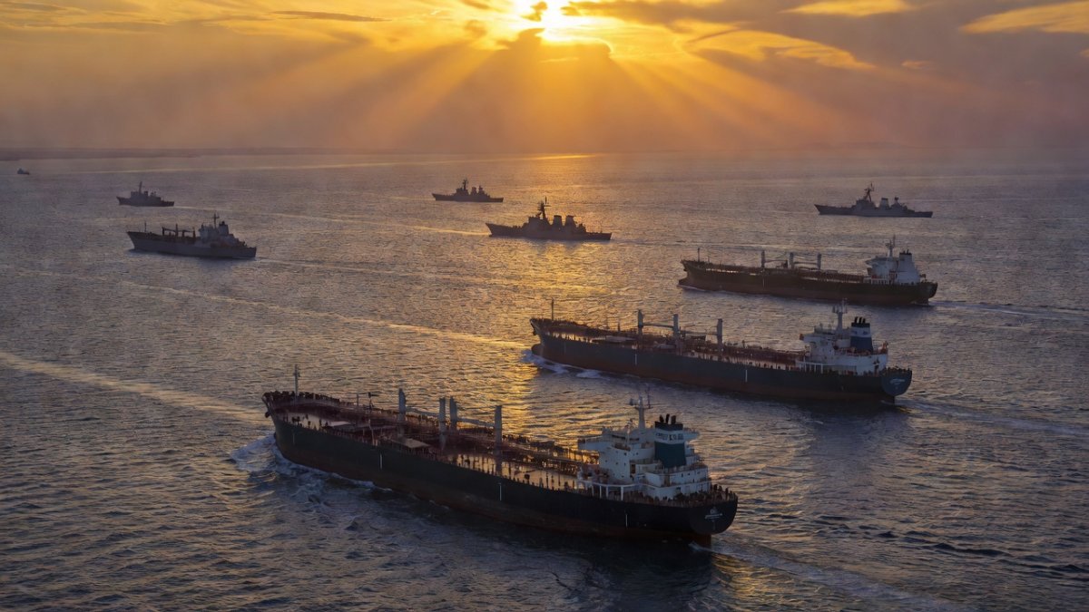 Oil tankers in the Strait of Hormuz at dusk, a critical waterway disrupted by the Iran war