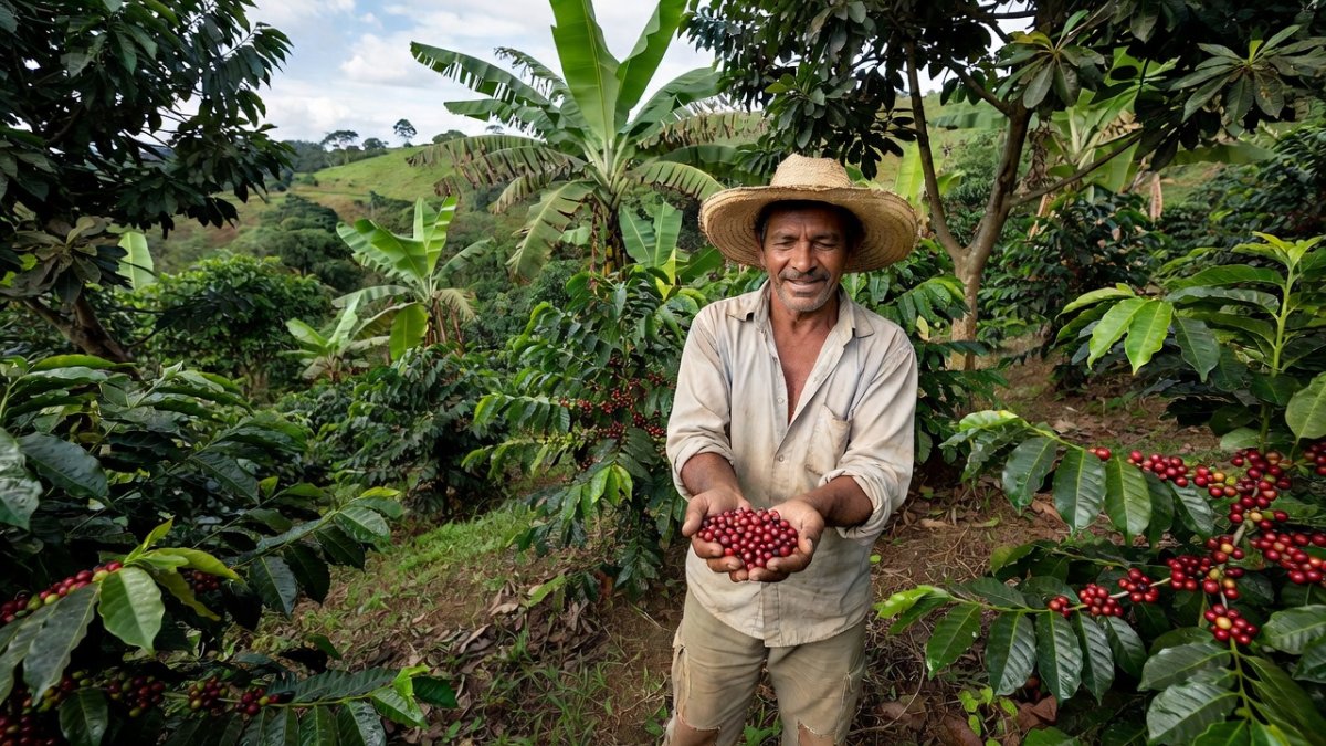 Brazilian family farmer in agroforestry coffee system with shade trees in Minas Gerais