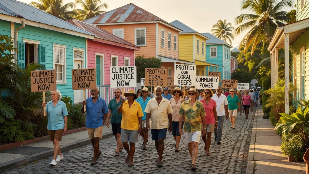 Community members gather for a protest in a Caribbean town, demonstrating for justice and police accountability