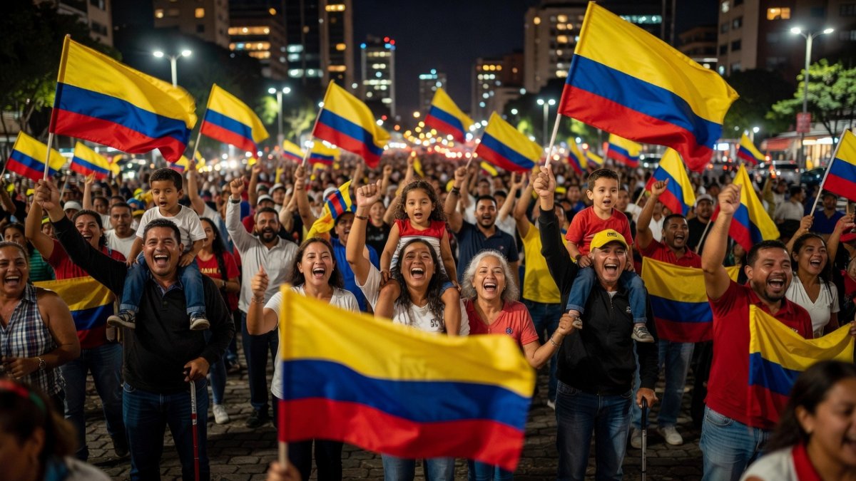 Colombian voters celebrate election results with flags in a city plaza