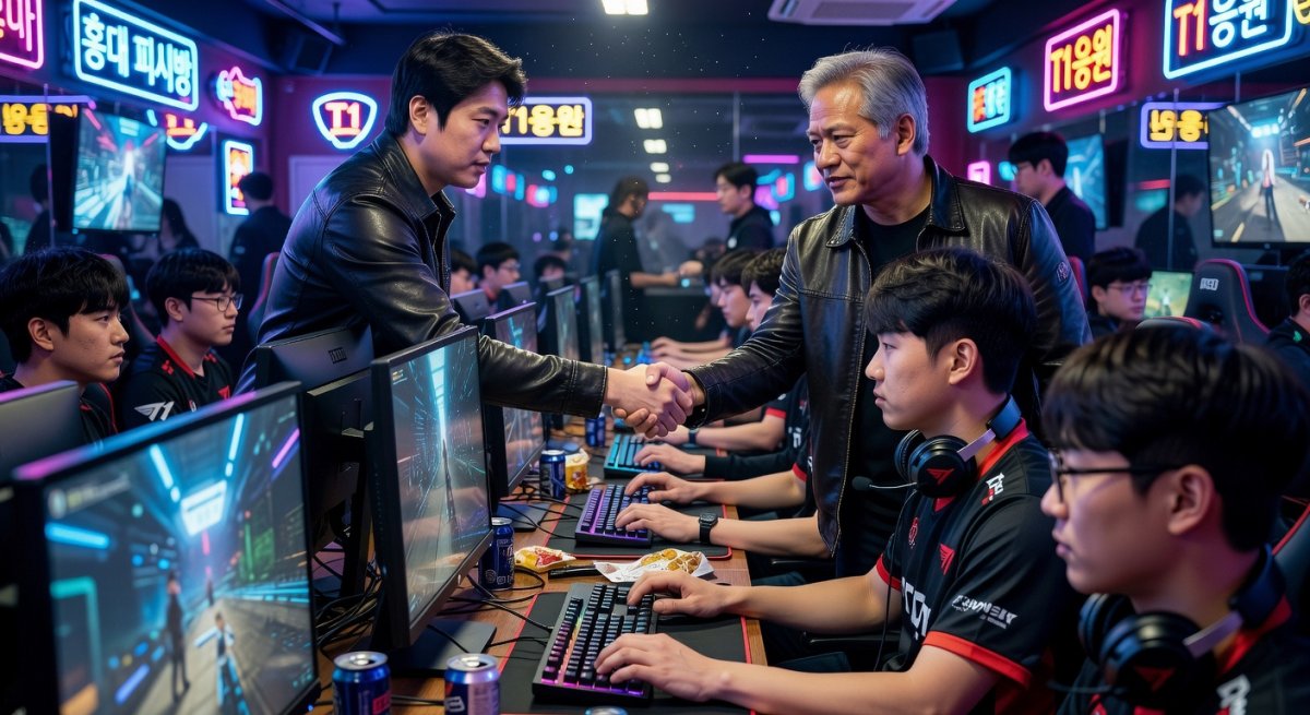 Jensen Huang meets Faker and T1 roster at T1 Base Camp in Hongdae, Seoul