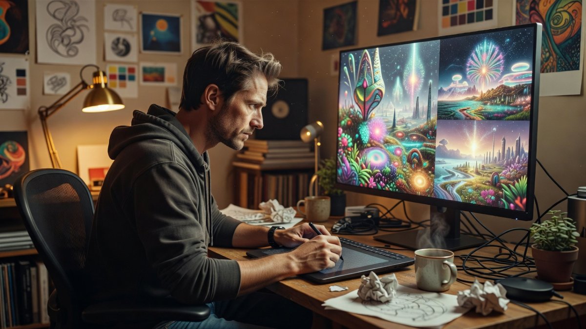 Digital creator working with AI-generated artwork on display in creative studio
