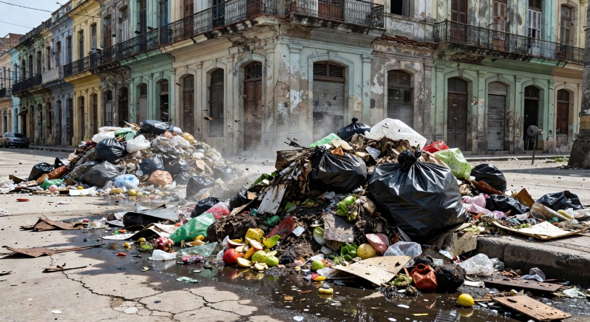 Piles of uncollected garbage line a Havana street