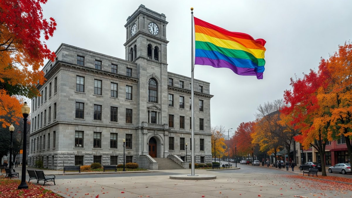 Cambridge City Hall with Pride flag during Pride Month 2026 ceremony