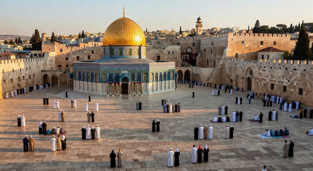 Al-Aqsa Mosque compound viewed from the Old City with worshippers gathered near the Dome of the Rock