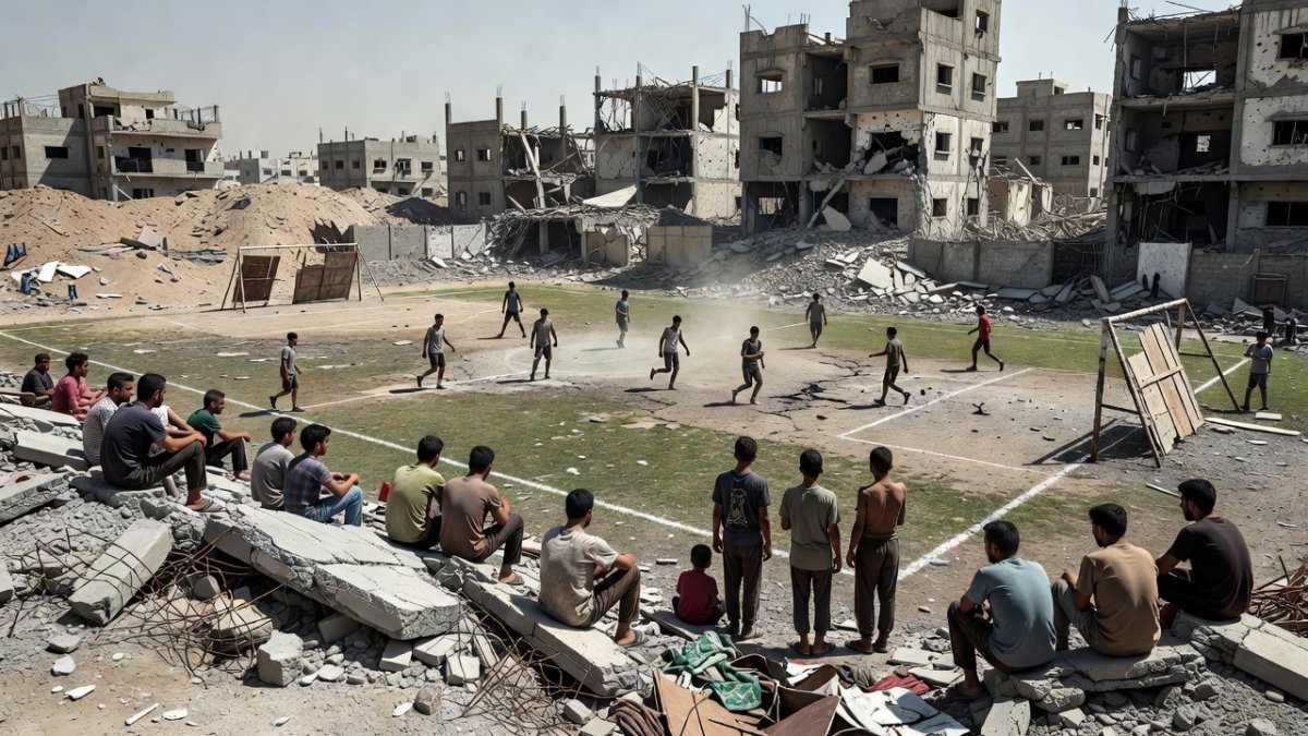 Community gathering on debris to watch a football match in Gaza