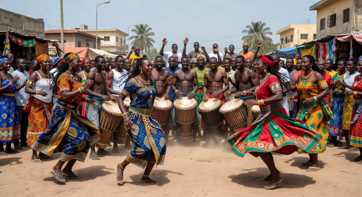 Musicians performing sabar drums and mbalax at Dakar Carnival