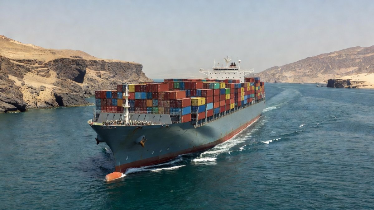 Container ship navigating the narrow Strait of Hormuz chokepoint