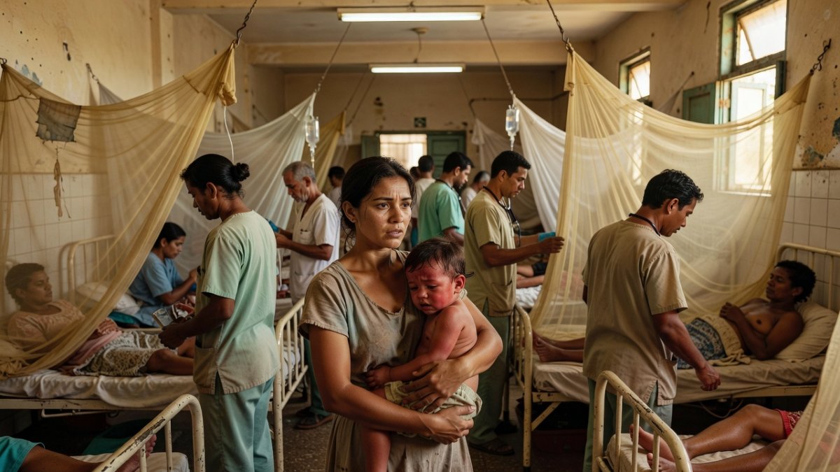 Mother holding feverish child in a crowded hospital ward in Havana, Cuba during the chikungunya and dengue outbreak