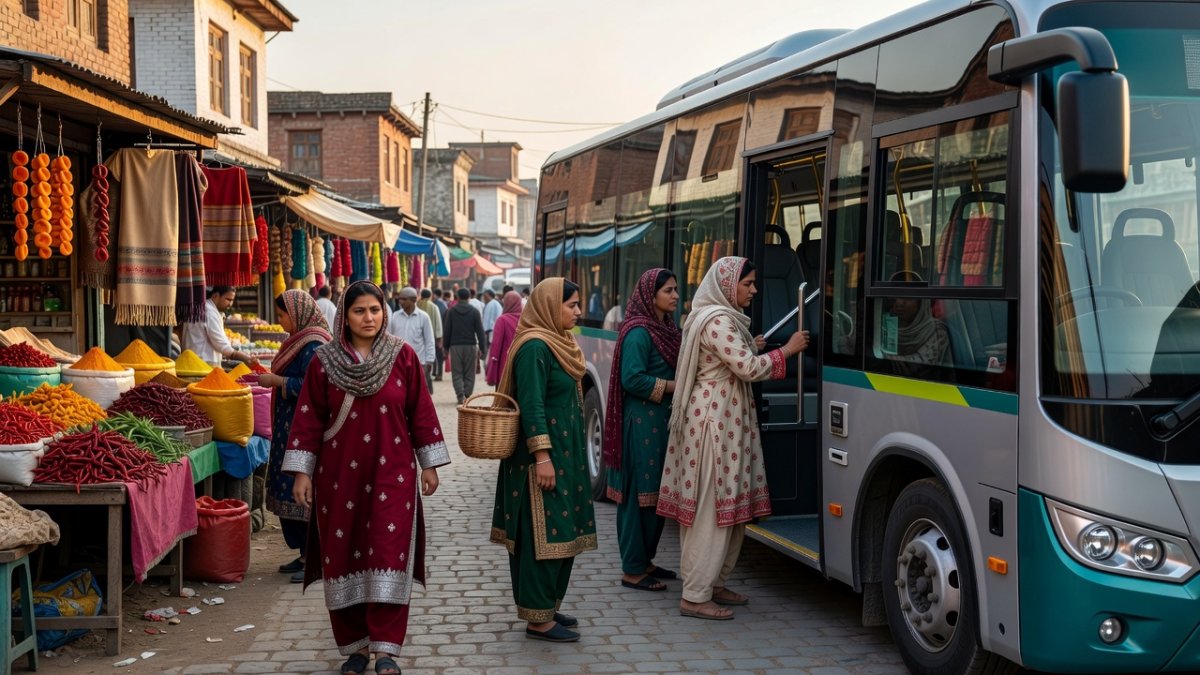 Women boarding an electric bus in a town in Jammu region