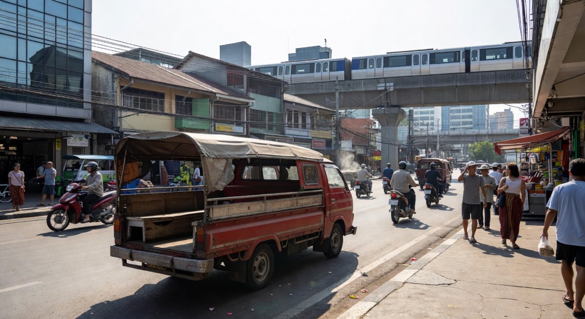 Traditional songtaew pickup truck on a Bangkok street with urban background