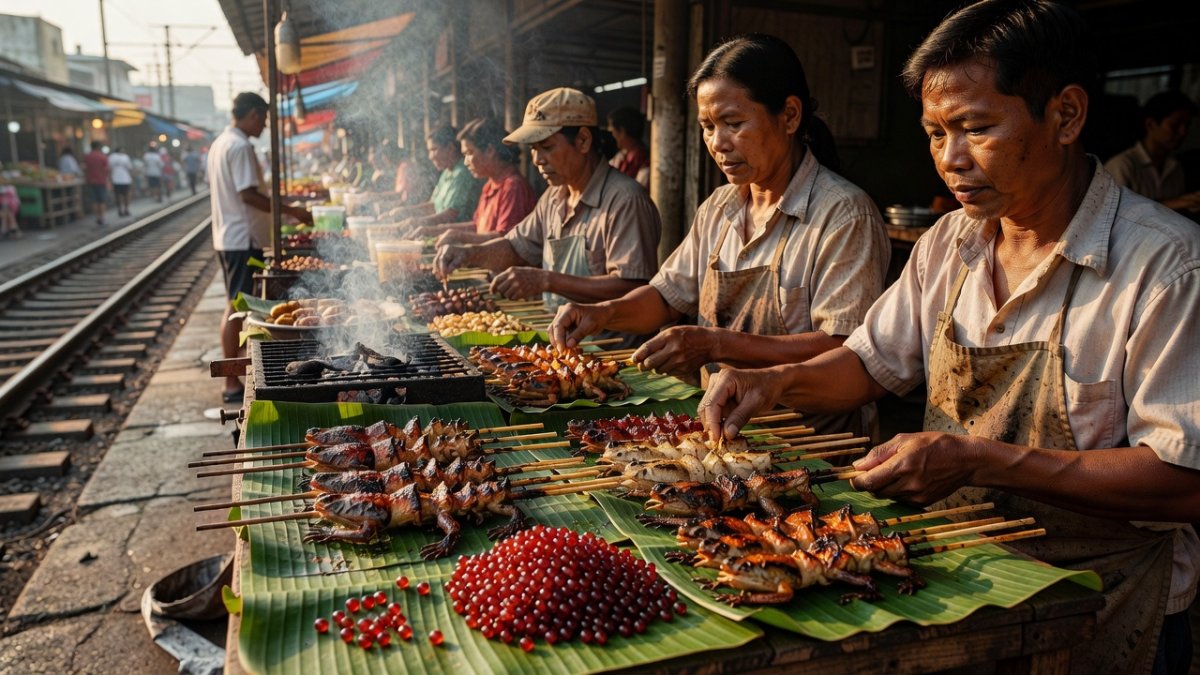 Traditional Isaan dishes including grilled foods and spicy dips at the Khlong Tan market