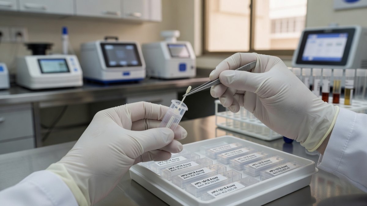 HPV test cartridge research in a Molbio Diagnostics laboratory