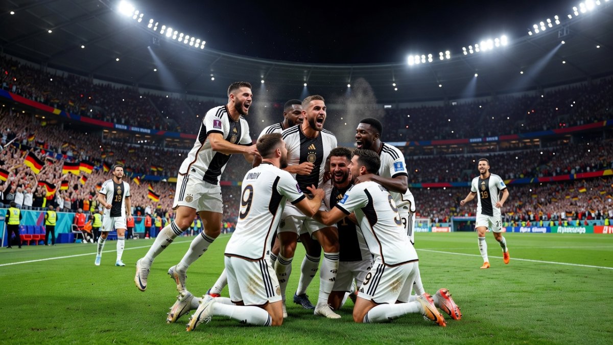 Deniz Undav celebrates with Germany teammates after scoring his stoppage-time winner against Ivory Coast in the 2026 World Cup