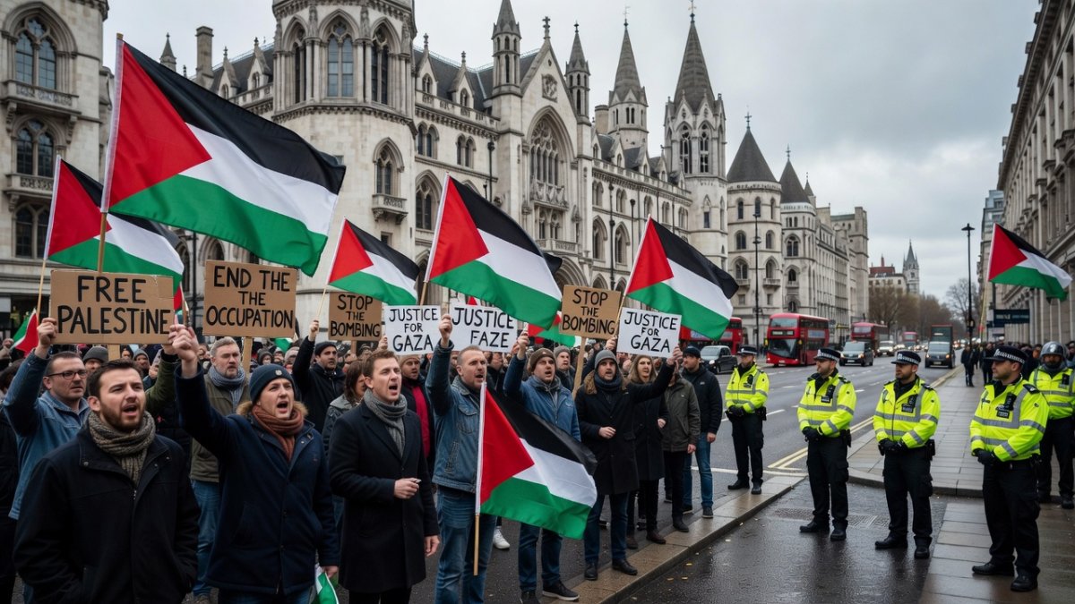 Protesters gather outside Royal Courts of Justice in London supporting Palestine Action