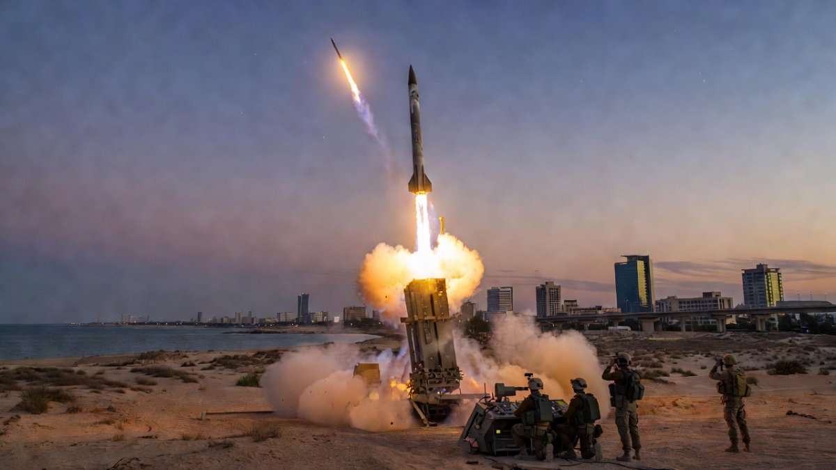 Israeli Arrow missile defense system launching over Gulf coastline at dusk