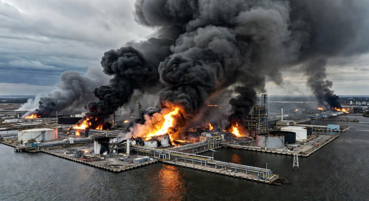 Smoke rising from the Petersburg Oil Terminal area after Ukrainian drone strikes