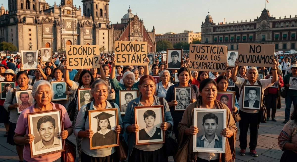 Families and community members in Mexico hold photographs of the 43 disappeared Ayotzinapa students during a protest