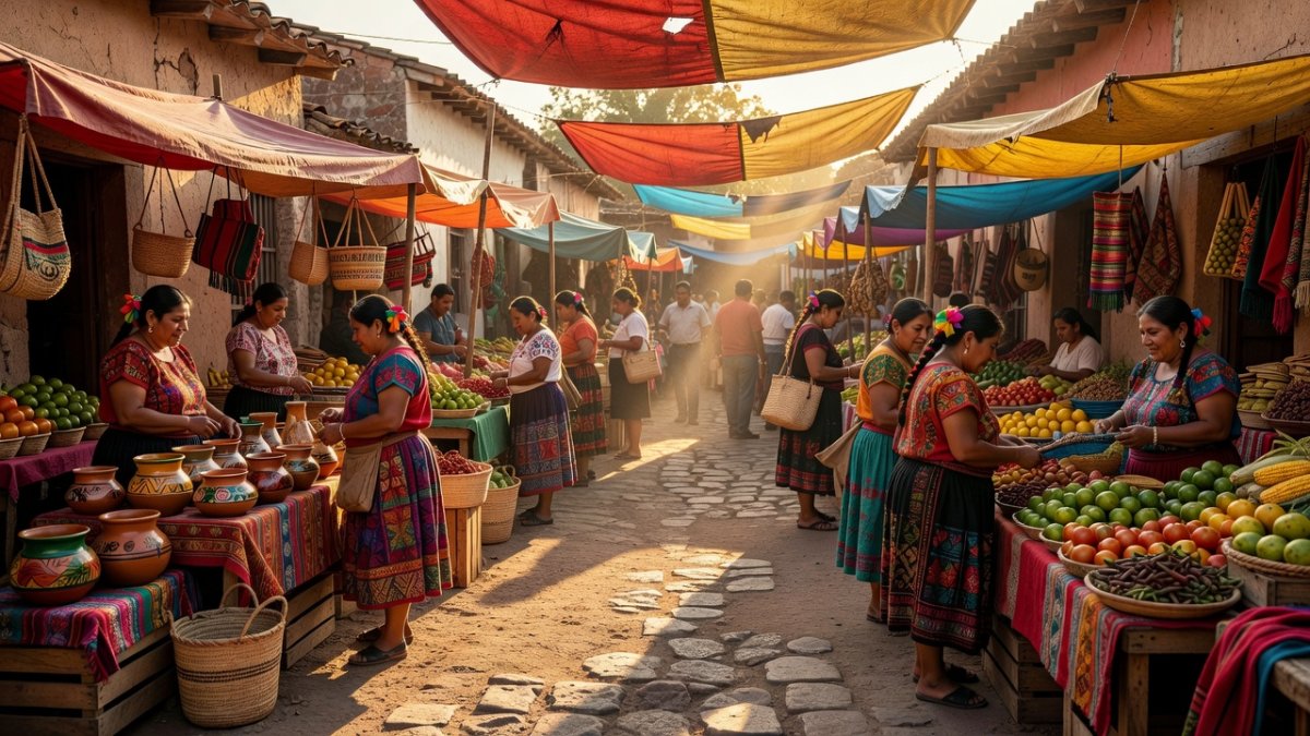 Traditional tianguis market in Oaxaca's Mixtec region where community members gather