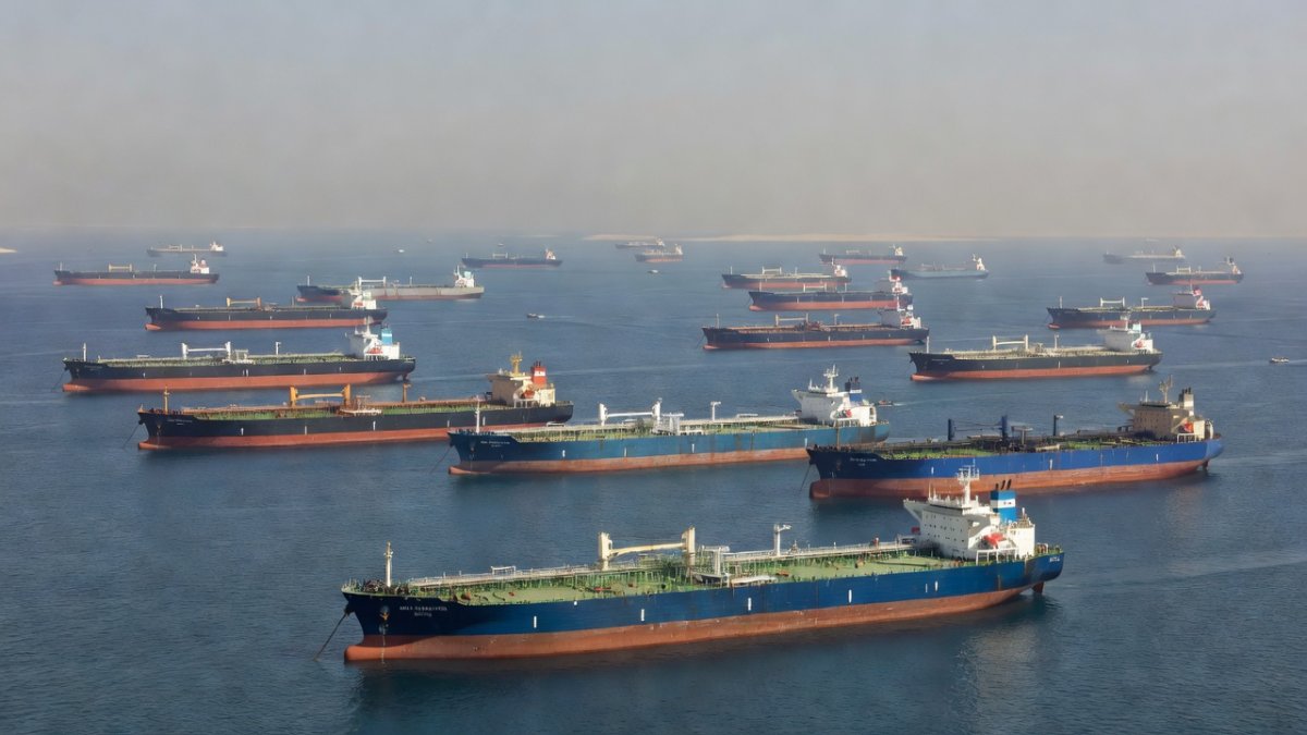 Aerial view of the Strait of Hormuz with oil tankers at anchor, a critical chokepoint for global energy supplies