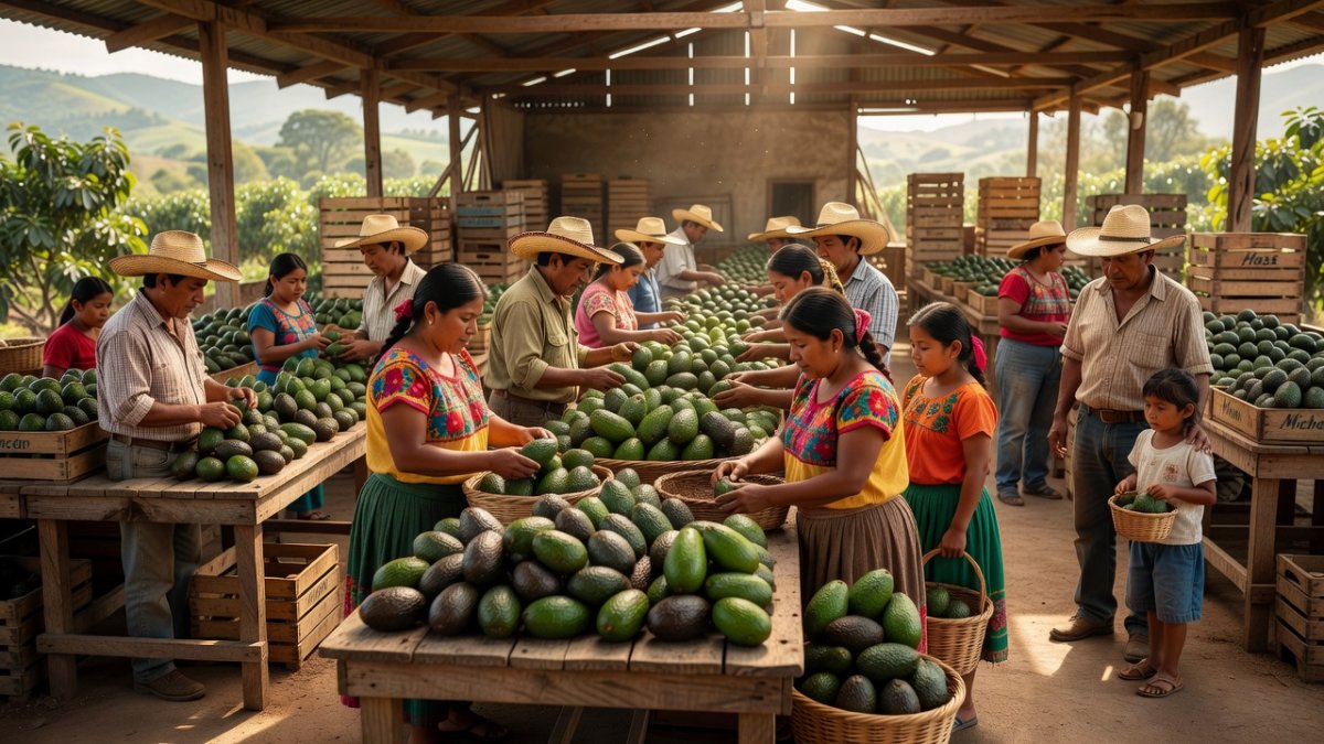 Michoacan avocado workers sorting harvest at packing plant