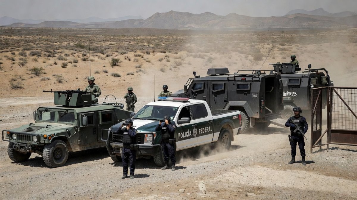 Mexican federal police and security forces at northern border checkpoint