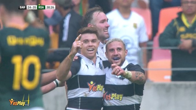 Edwill van der Merwe celebrates his hat-trick for the Springboks