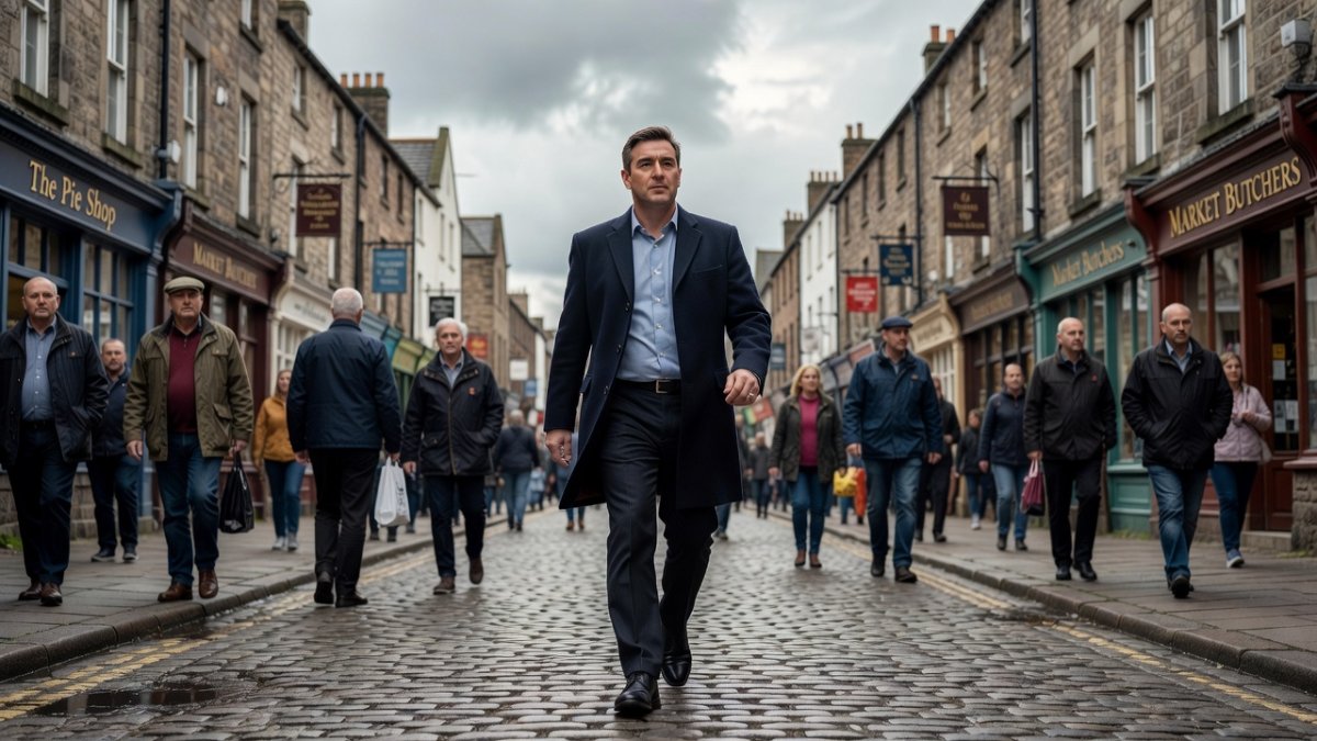 Andy Burnham in a typical northern English town scene in Greater Manchester