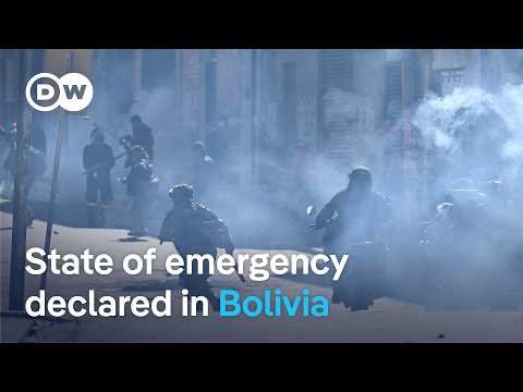 DW News report thumbnail showing Bolivia's state of emergency coverage