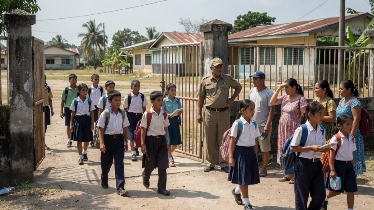 Students and parents outside a school in Leyte amid heightened security