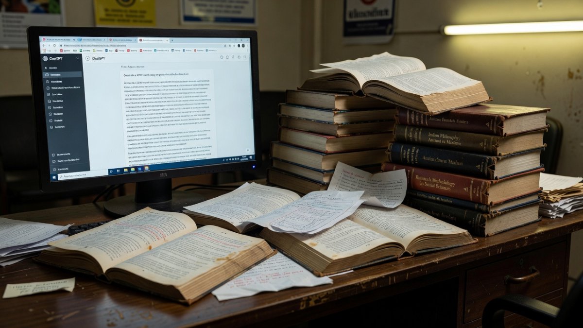 AI tools versus academic research books representing plagiarism conflict