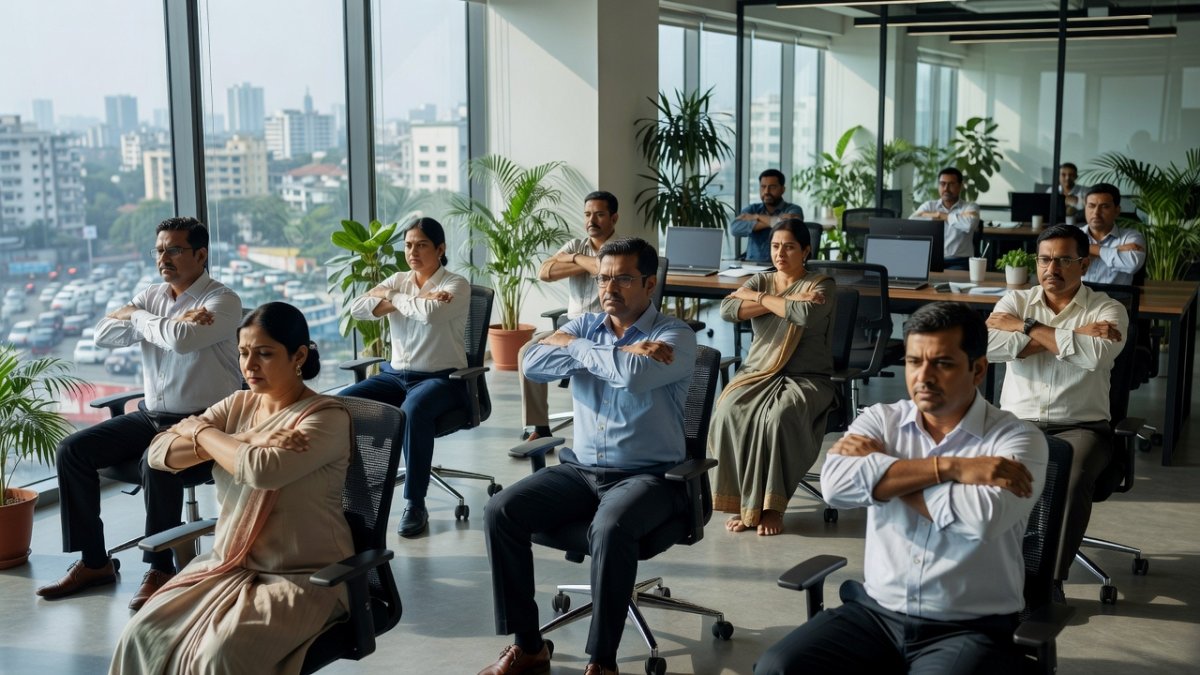 Desk yoga demonstration for professionals